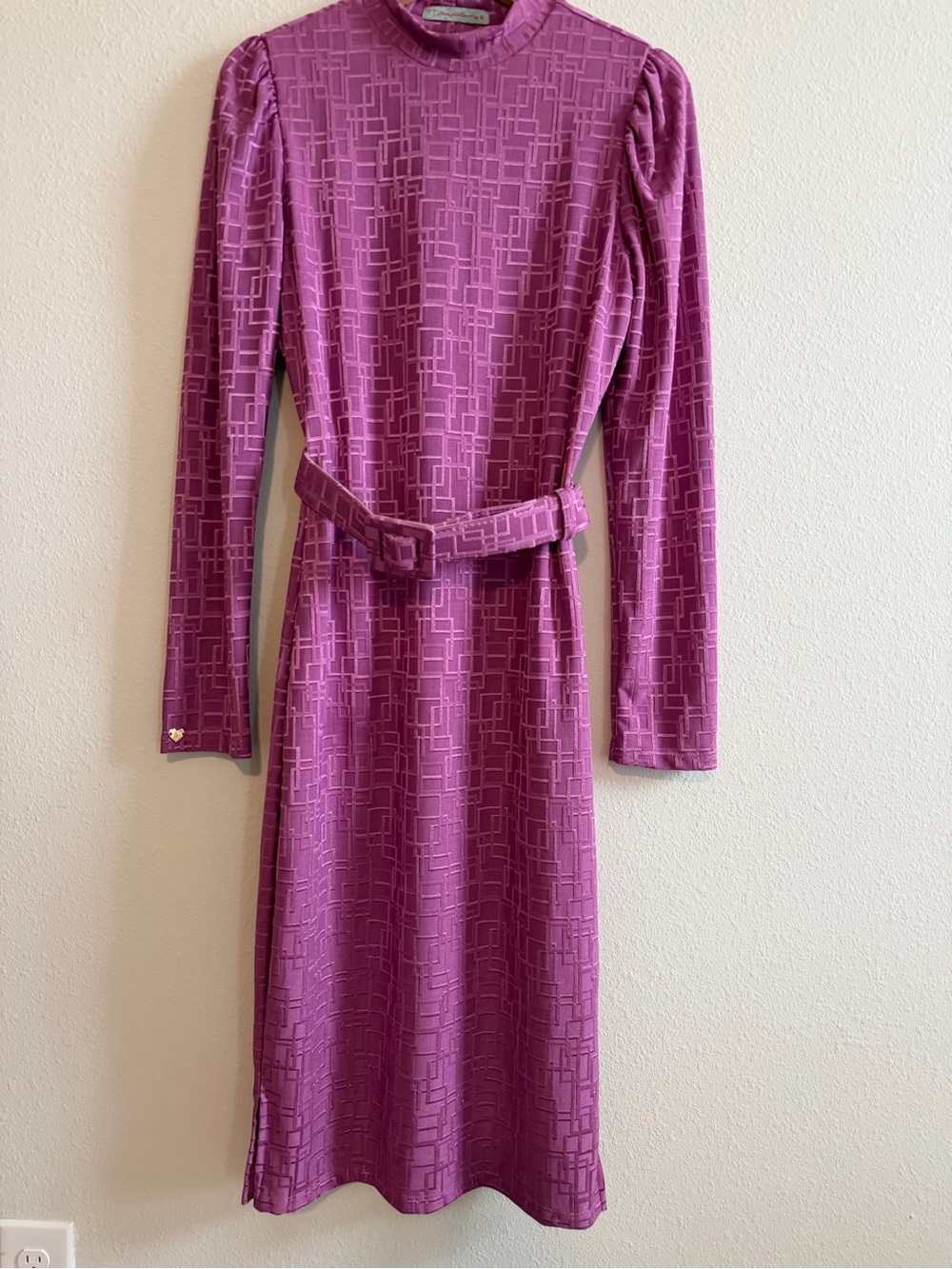 High-Neck Magenta Long-Sleeve Belted Midi Dress